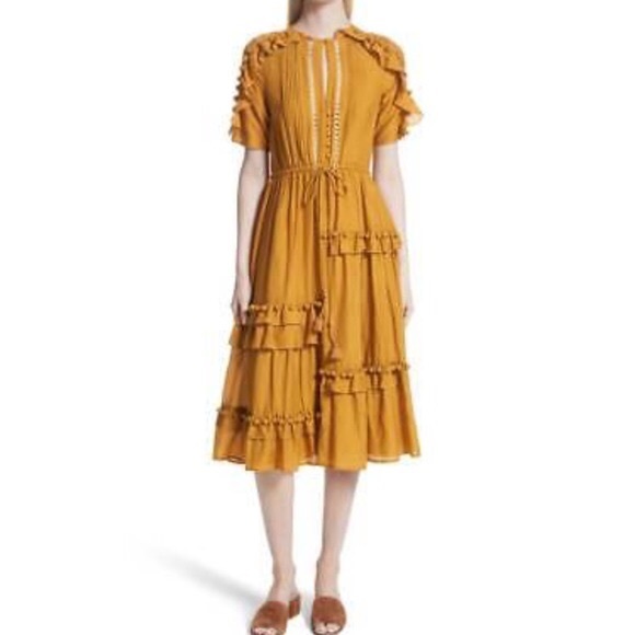 Sea New York Dresses & Skirts - SEA NY Mustard Staircase Pom-Pom Midi Dress